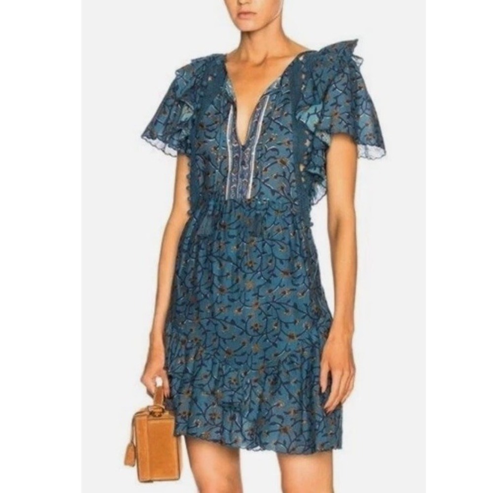SEA New York Kaylee Boho Mini‎ Dress Ruffle Tiered Skirt Crochet Trim Coastal 8